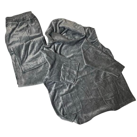 NWOT Feel Good Store Gray Velour Lounge Set 2PC Cowl Neck Top Pants Women’s L - Picture 1 of 8